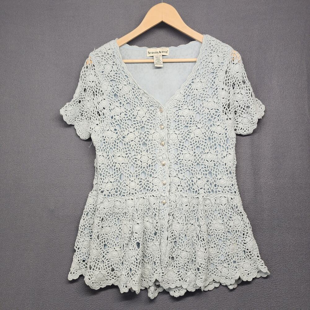 Seventh Avenue Top Womens Large Blue Crochet Lined Short Sleeve Button Front Y2K